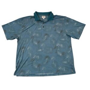 Trader Bay blue teal short sleeved polo shirt, palm tree graphics, collar, XXL.